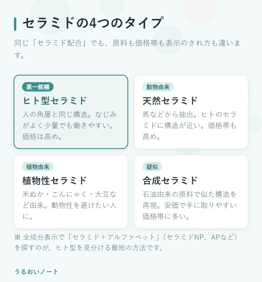 セラミドの4つのタイプを比較した図解。ヒト型・天然・植物性・合成の原料と特徴