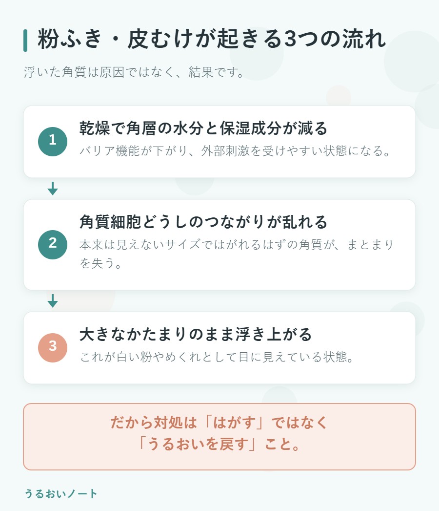 粉ふき・皮むけが起きる流れの図解。乾燥で角層の水分が減り、角質細胞のつながりが乱れ、大きなかたまりで浮き上がる3ステップ