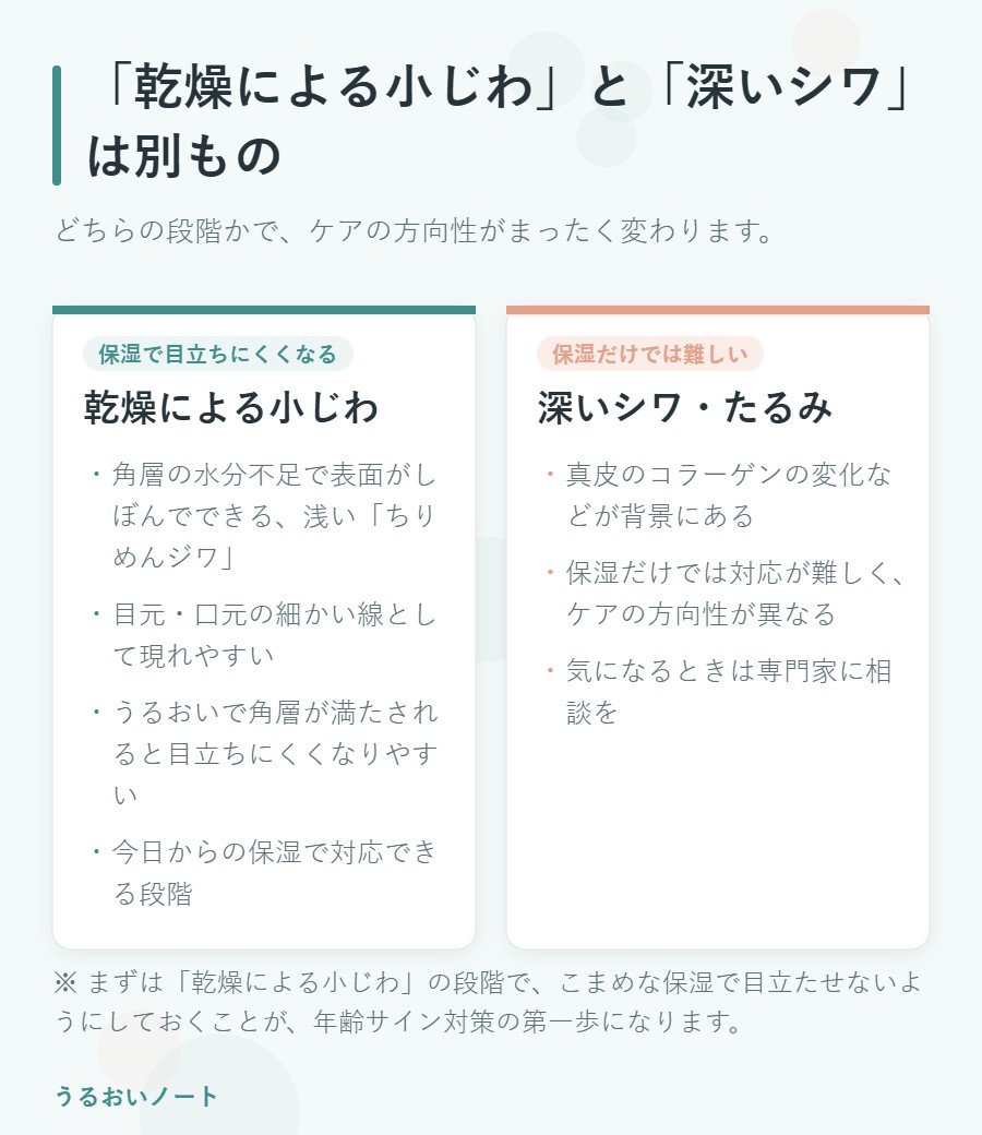 乾燥による小じわと深いシワ・たるみの違いを左右で比較した図解