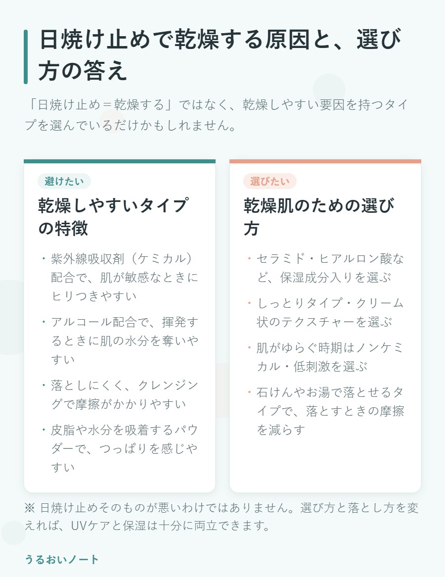乾燥しやすい日焼け止めの特徴と、乾燥肌のための選び方を左右で比較した図解